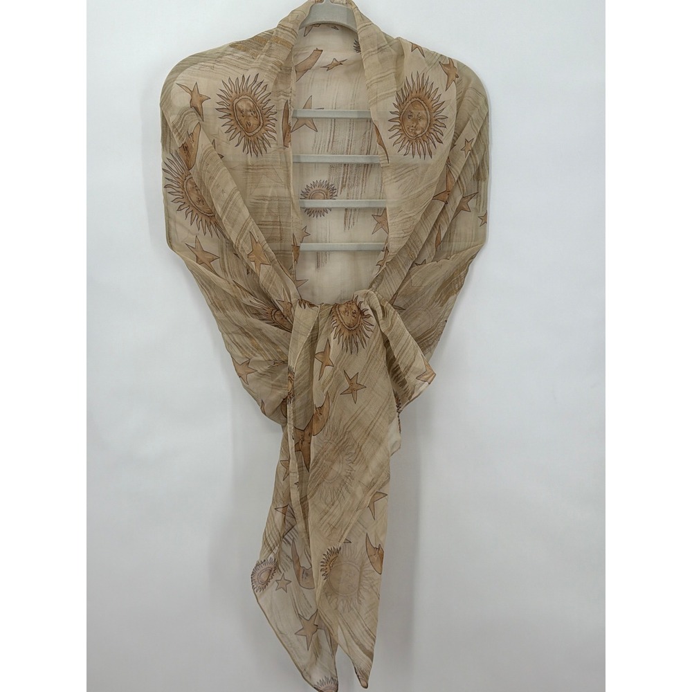 Celestial Sun Moon Star Sheer Scarf Tan Gold Metallic Shimmer Shawl Wrap Boho